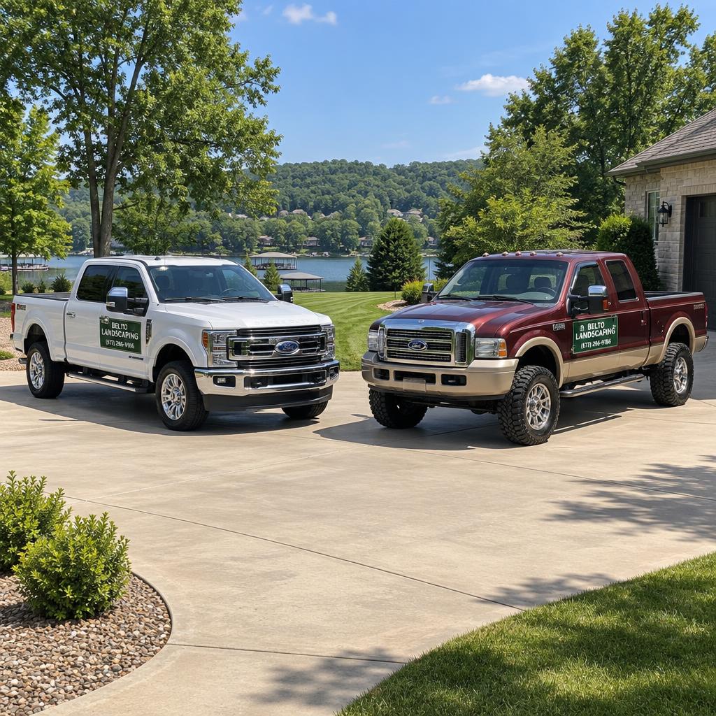 Belto Landscaping fleet — white Ford F-250 and burgundy lifted King Ranch F-250 with company door signs