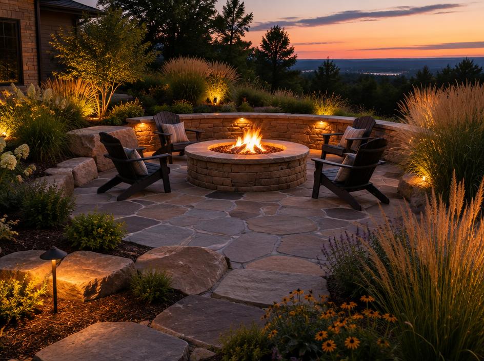 Stone fire pit patio with flagstone seating at dusk