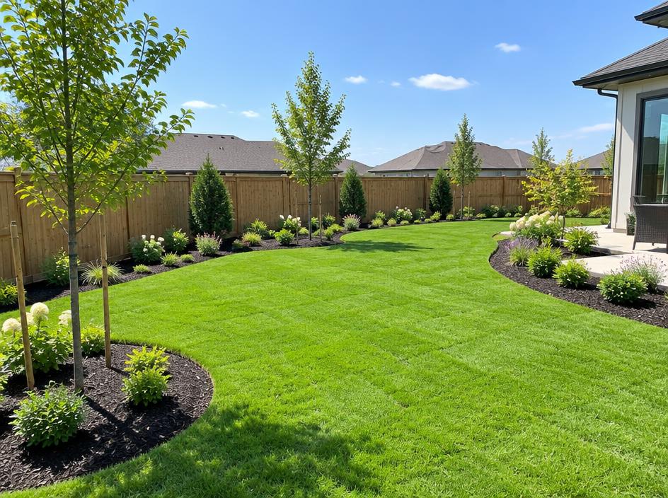 Newly installed sod lawn with young trees and garden beds